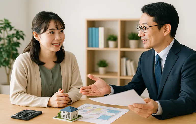 不動産会社で家賃交渉について相談する女性と担当者
