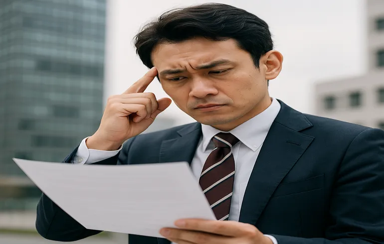 真剣な表情で書類を見つめるスーツ姿の日本人男性