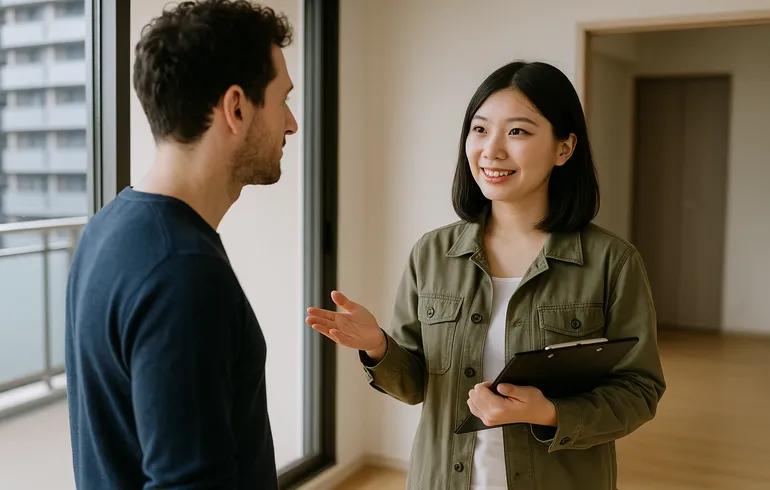 日本人女性の不動産担当者が外国人男性に賃貸物件の説明をしている様子