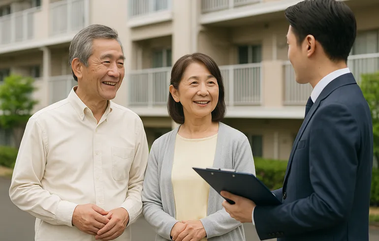中高年の日本人夫婦が、若い不動産会社の担当者と屋外で会話している様子。背景は清潔感のある集合住宅。