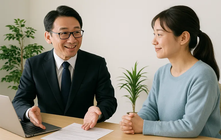 スーツ姿の不動産担当者と相談する若い女性