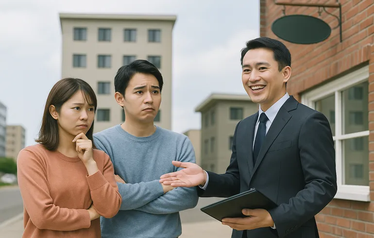 若い日本人カップルが不動産仲介業者と物件前で相談している様子