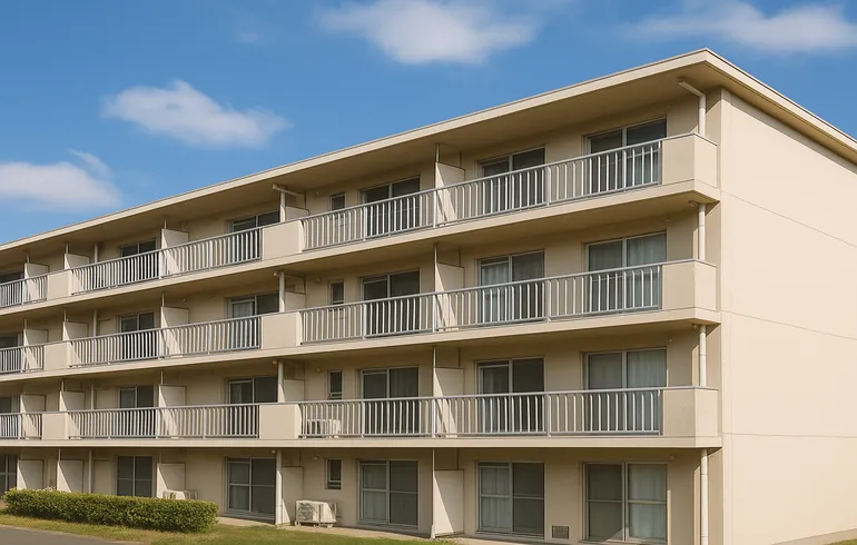 清潔感のある4階建ての集合住宅の外観。青空の下、白い手すりとベランダが整然と並ぶ。